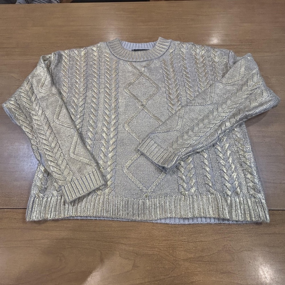 MNG Sweater Womens Small Gold Metallic Cable Knit Argyle Crewneck Pullover‎